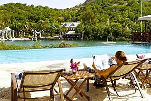 Pool and terrace overlooking harbour