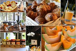 Breakfast fruit, croissants, juice