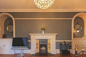 Fireplace, alcoves, cornice
