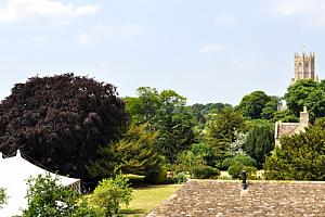 View of guest house and church