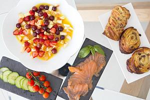 Fruit, smoked salmon, pastries